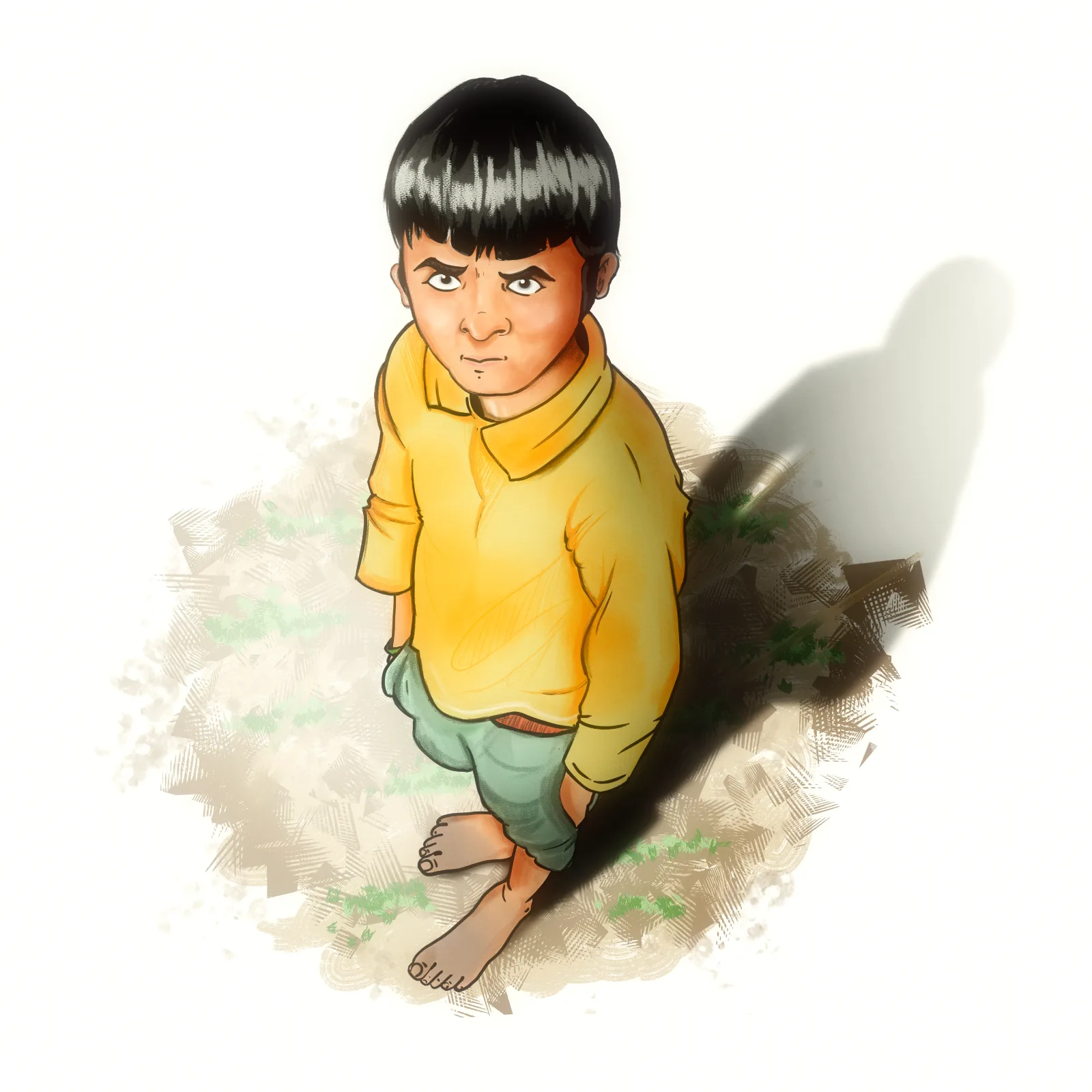 Illustration of a young boy in a yellow shirt looking up at the camera