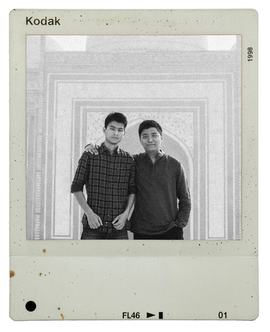 Sosa and Ashish, Kodak slide, archway backdrop