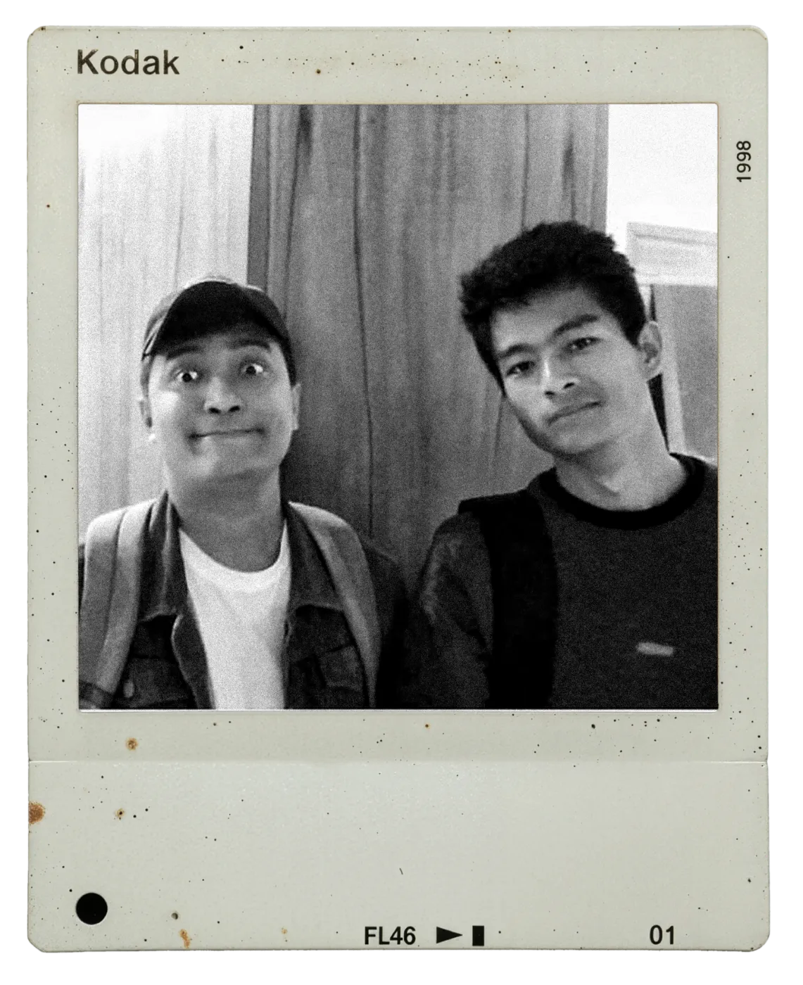 Polaroid: Ashish and Sosa, black-and-white Kodak slide selfie