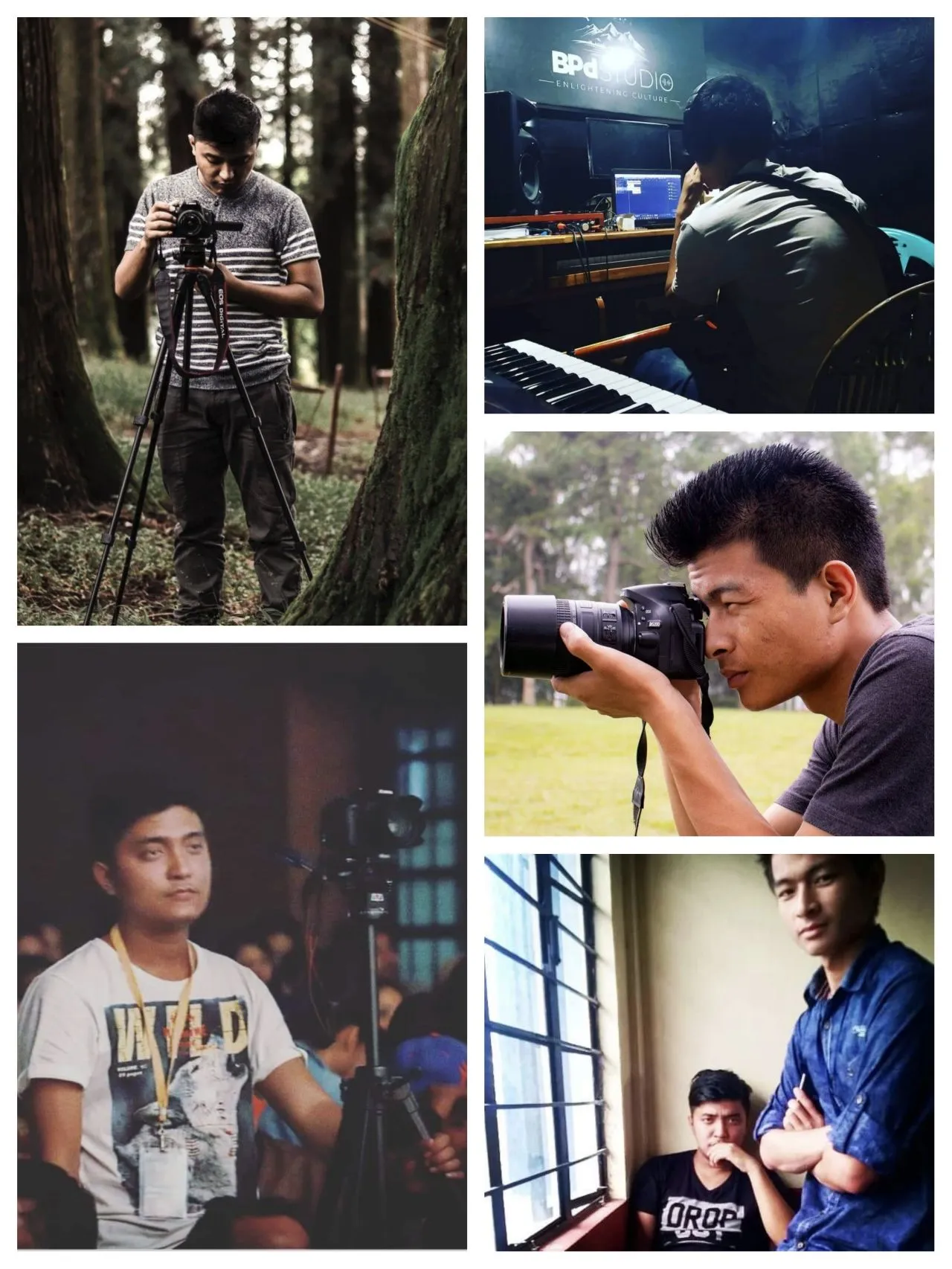 Collage: behind the camera through the years — in forests, studios, on event nights