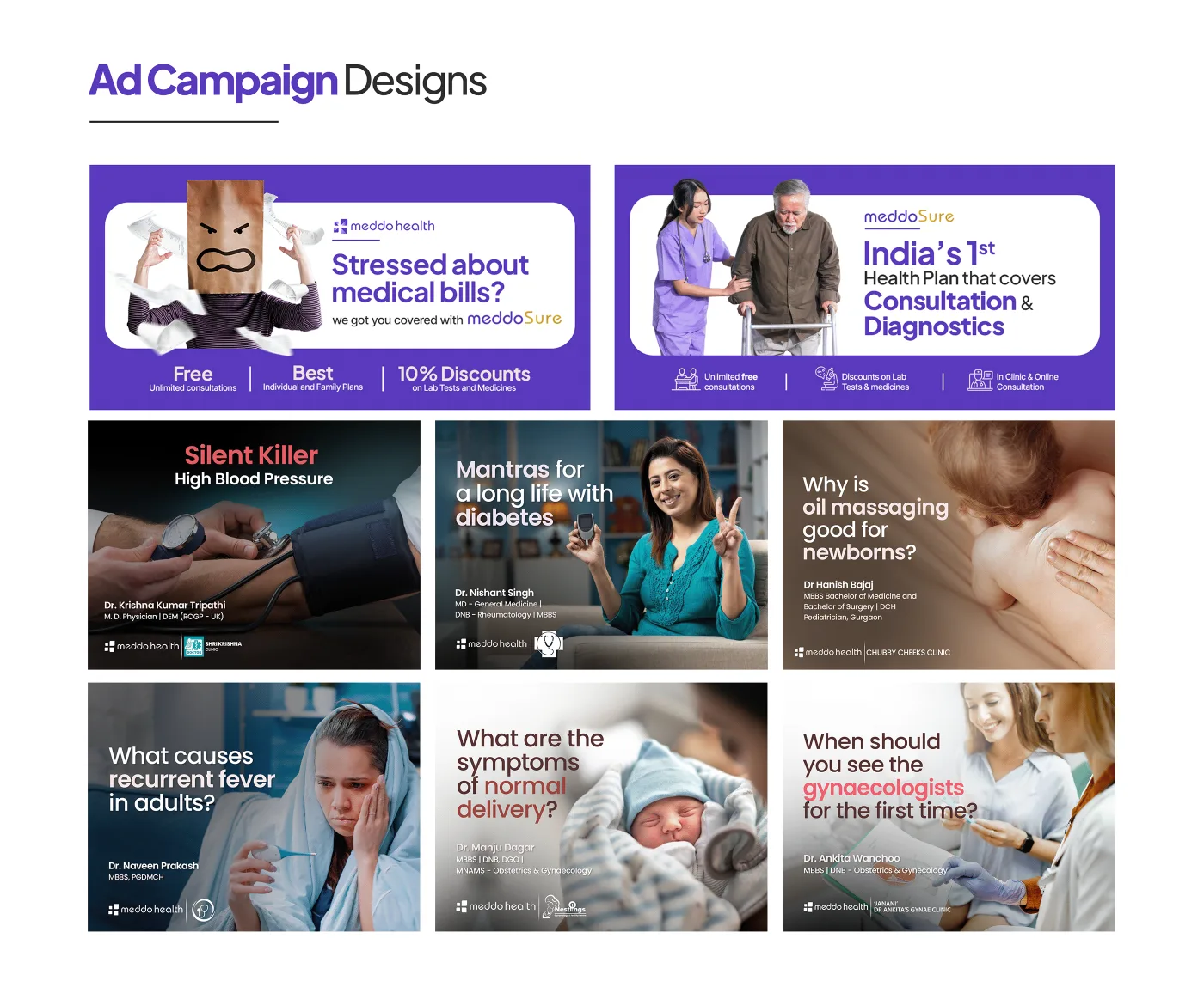 Meddo Health ad campaign designs — health plans and doctor explainers