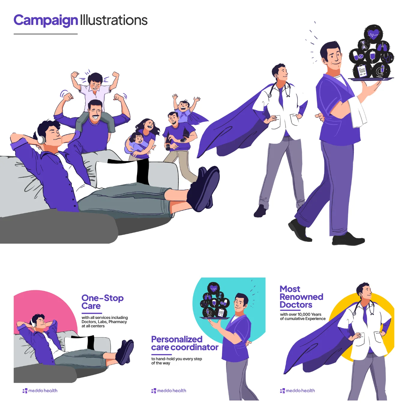 Meddo Health custom campaign illustrations — patients, families, doctors as superheroes
