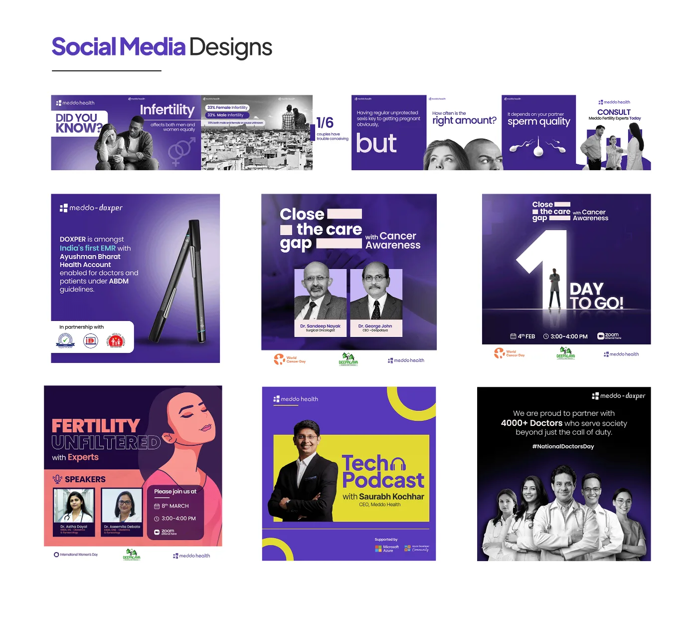 Meddo Health social media designs — infertility series, Doxper, cancer awareness, doctors' day